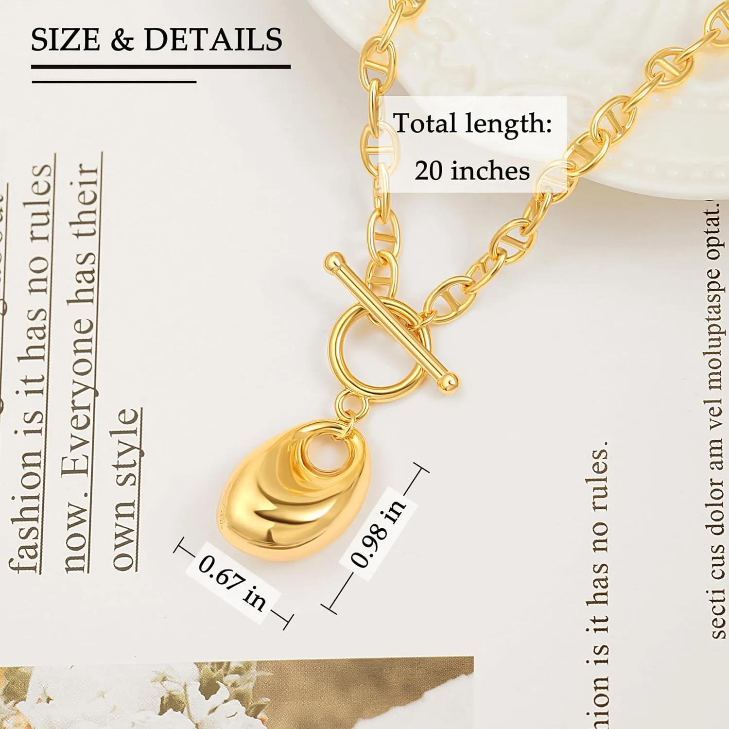 PERNNLA PEARL Dainty 18K Gold Chain Teardrop Pendant Necklace for Women Trendy Cute Toggle Necklace Minimalist Jewelry