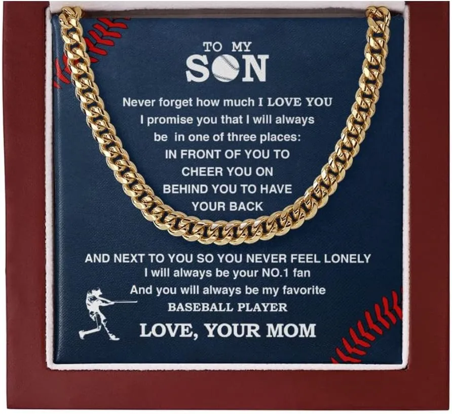 Personalized Baseball Necklace To My Son From Mom, Son Pendant Gifts From Dad to Baseball Player, Inspiration Jewelry Gift For My Son, Christmas Cuban Link Chain Necklaces Present for Man from Mum (Gold (Luxury Box with Led))