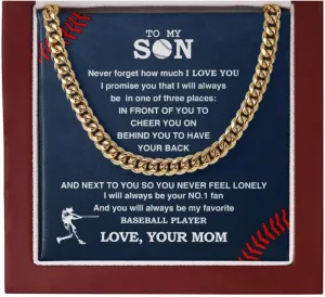 Personalized Baseball Necklace To My Son From Mom, Son Pendant Gifts From Dad to Baseball Player, Inspiration Jewelry Gift For My Son, Christmas Cuban Link Chain Necklaces Present for Man from Mum (Gold (Luxury Box with Led))