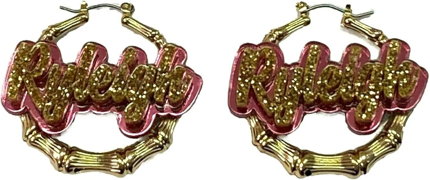 Personalized Custom Gold Hoop 1.5, 2.5, 3.5" Size and Color Choice Bamboo Earrings Name Plate Laser Cut Diamond Look Script Cursive Design Stunning Look - Quality, Attractive Gold Bamboo Earrings, Made To Order - Any Name