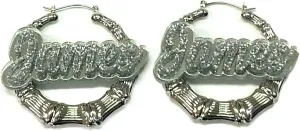 Personalized Custom Silver 2.5 Inch Size Bamboo Earrings Hoop Name Plate Laser Cut Diamond Look Script Cursive Letters Design Stunning Look - Quality, Attractive Gold Bamboo Earrings, Made To Order - Any Name