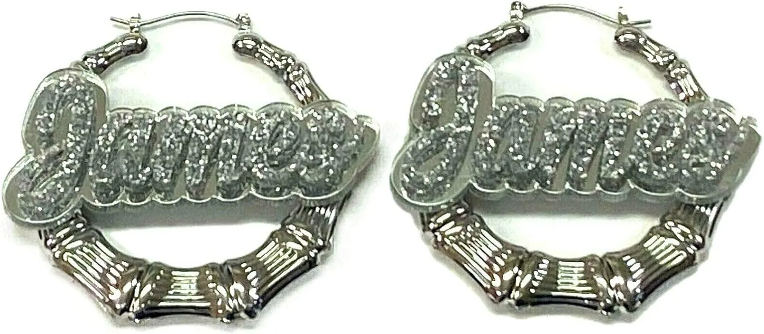 Personalized Custom Silver 2.5 Inch Size Bamboo Earrings Hoop Name Plate Laser Cut Diamond Look Script Cursive Letters Design Stunning Look - Quality, Attractive Gold Bamboo Earrings, Made To Order - Any Name