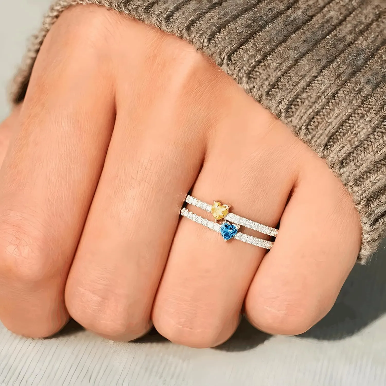 Personalized Double Heart Zircon Name Ring for Women, Fashion Two-Layer Heart Design, Platinum Plated Statement Band, Custom Engraved Gift for Her