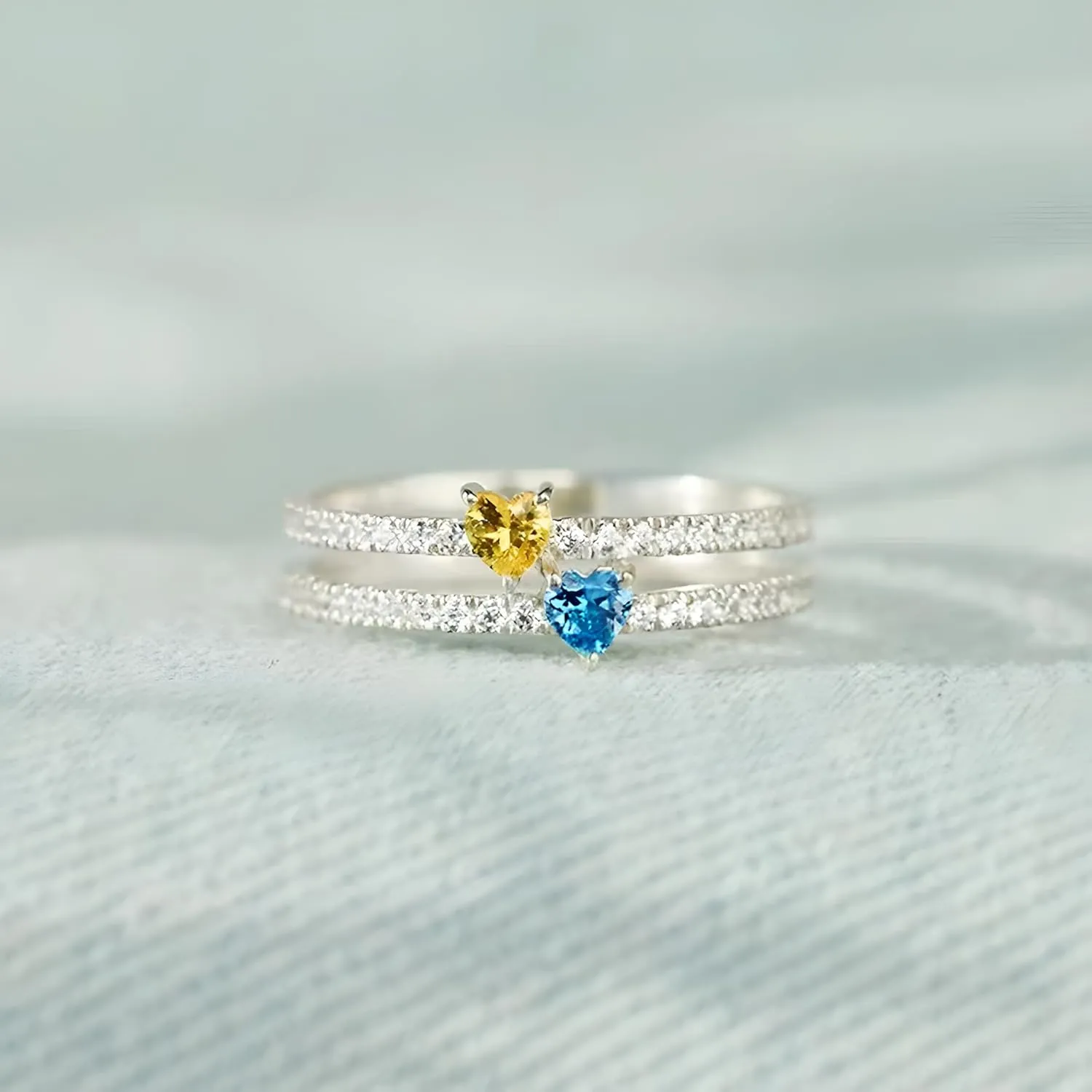 Personalized Double Heart Zircon Name Ring for Women, Fashion Two-Layer Heart Design, Platinum Plated Statement Band, Custom Engraved Gift for Her