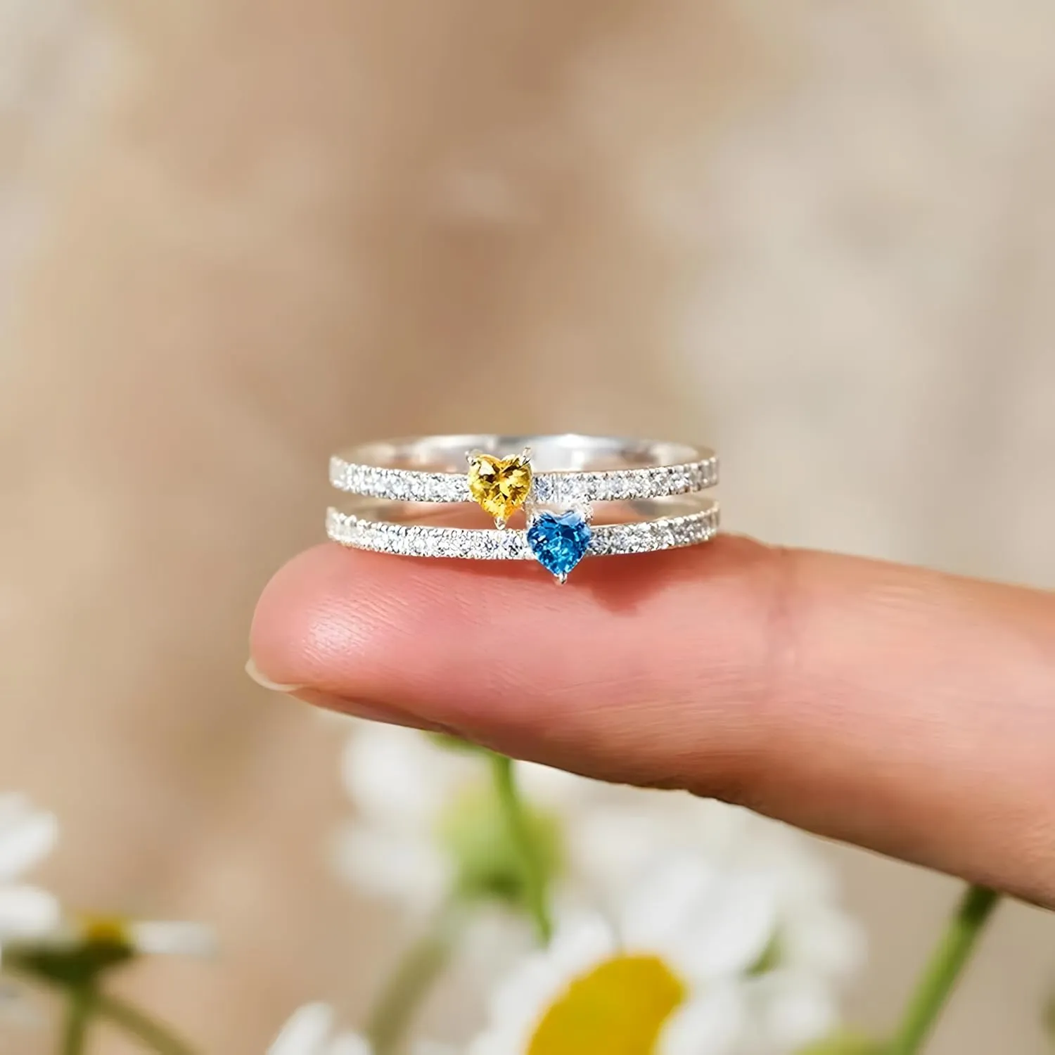 Personalized Double Heart Zircon Name Ring for Women, Fashion Two-Layer Heart Design, Platinum Plated Statement Band, Custom Engraved Gift for Her