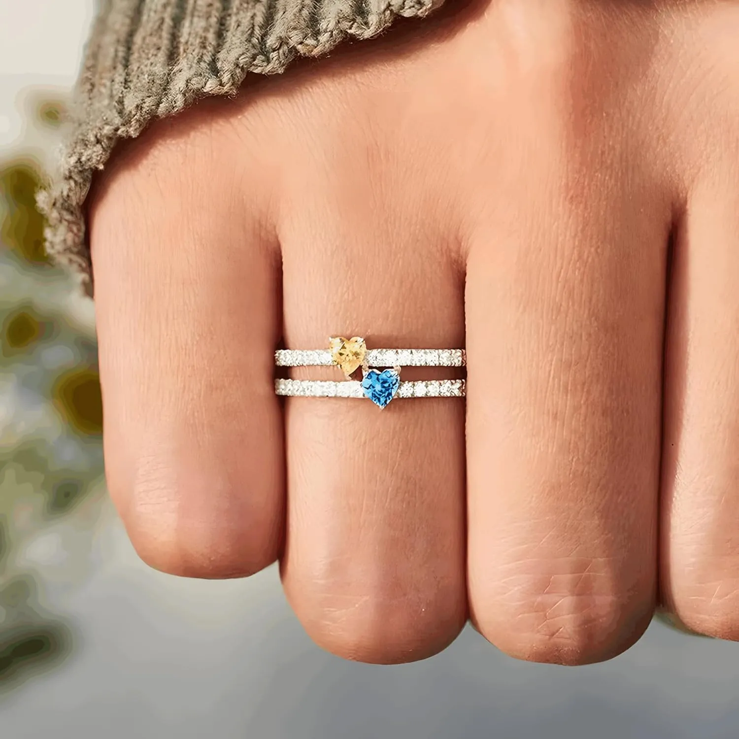 Personalized Double Heart Zircon Name Ring for Women, Fashion Two-Layer Heart Design, Platinum Plated Statement Band, Custom Engraved Gift for Her