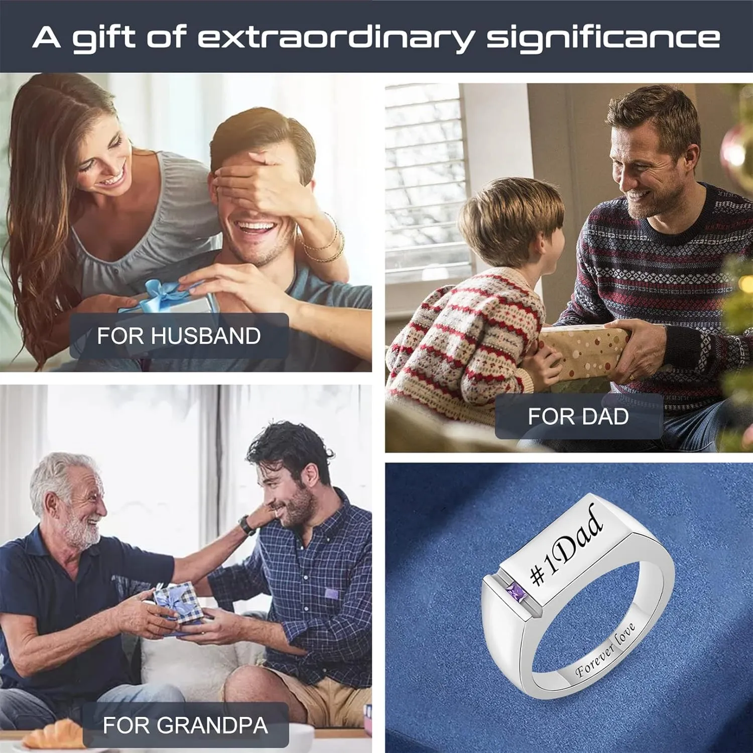 Personalized Mens Engraved Name Rings for Dad 1-8 Birthstone Custom Father Ring Family Ring Fathers Day Jewelry Gift for Husband Grandpa Birthday Christmas Anniversary