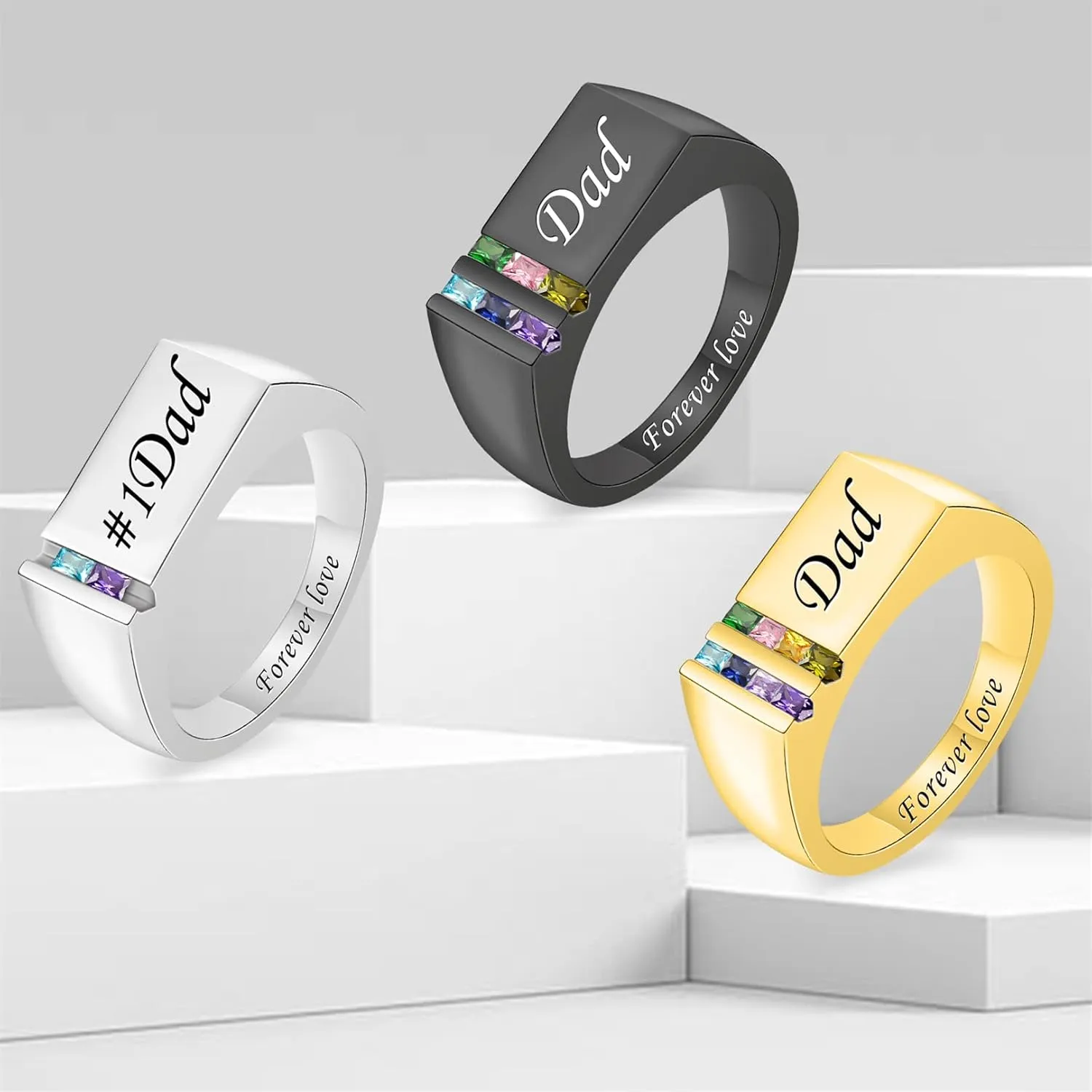 Personalized Mens Engraved Name Rings for Dad 1-8 Birthstone Custom Father Ring Family Ring Fathers Day Jewelry Gift for Husband Grandpa Birthday Christmas Anniversary