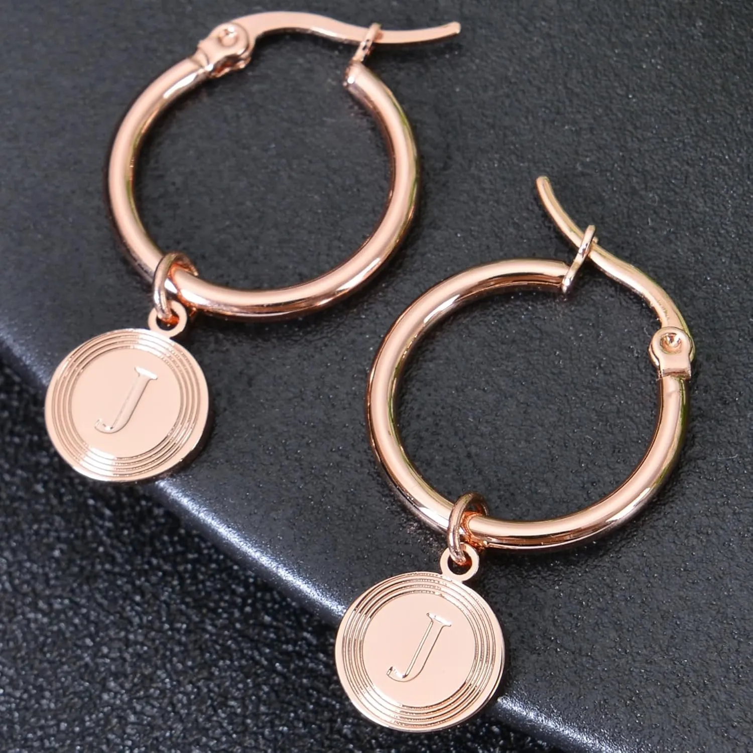 Personalized Round Initial Drop Earrings in Gold, Silver and Rose Gold | Custom Hoop Initial Earrings | Round Initial Engraved Earrings | Dangle Earrings with Initial | Round Initial Drop Earrings