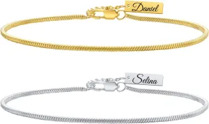 Personalized Square Snake Chain Bracelets: 1.7mm Thin Link Couples Bracelet for Men Women, Waterproof Stainless Steel Simple Wristband for Him and Her Valentine's Day Birthday Gifts