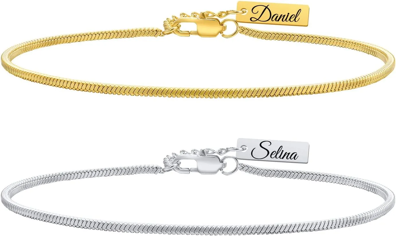 Personalized Square Snake Chain Bracelets: 1.7mm Thin Link Couples Bracelet for Men Women, Waterproof Stainless Steel Simple Wristband for Him and Her Valentine's Day Birthday Gifts