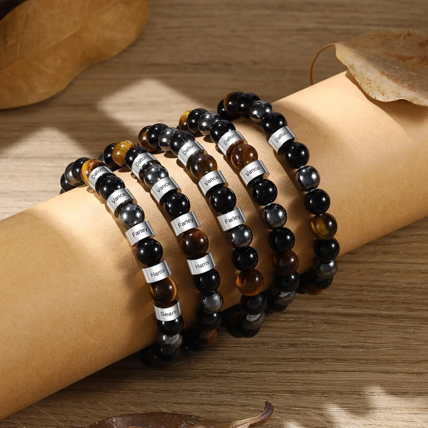 Personalized Tiger Eye Bracelet for Men - Custom Names Natural Stone Beads Bracelet Adjustable Bracelets for Him Stretch Beaded Bracelet for Men Gifts for Husband Boyfriend Christmas Valentine's Day