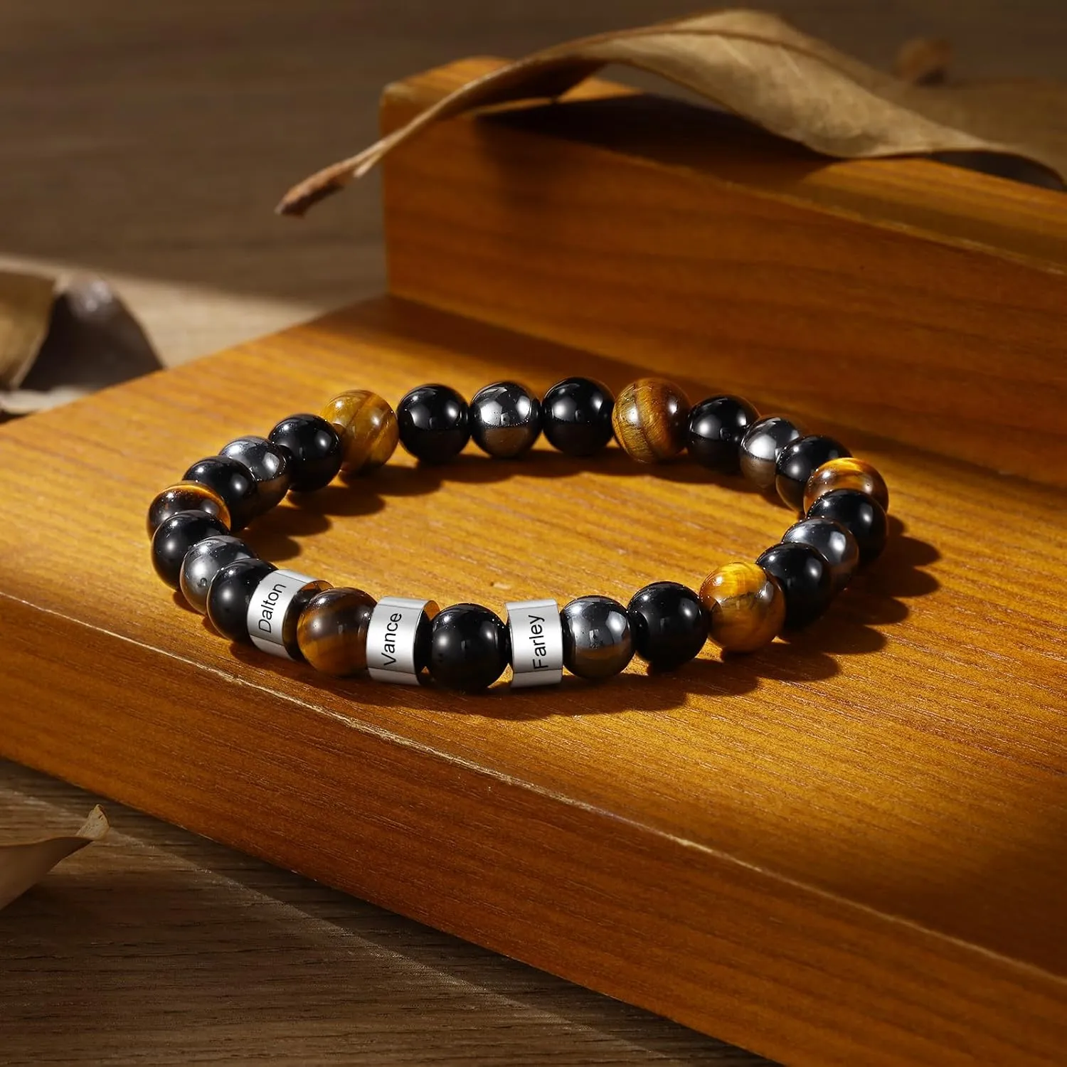 Personalized Tiger Eye Bracelet for Men - Custom Names Natural Stone Beads Bracelet Adjustable Bracelets for Him Stretch Beaded Bracelet for Men Gifts for Husband Boyfriend Christmas Valentine's Day