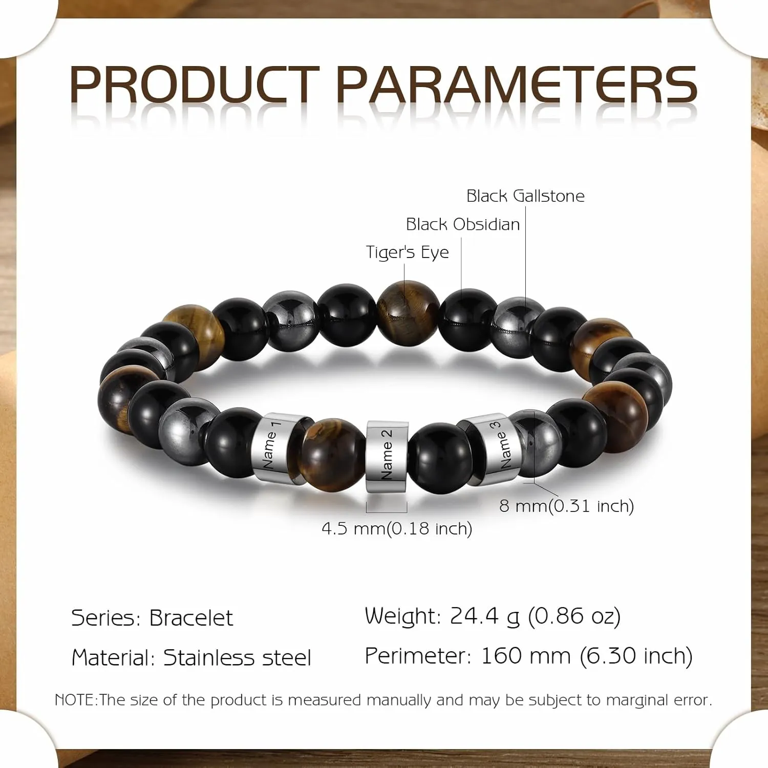 Personalized Tiger Eye Bracelet for Men - Custom Names Natural Stone Beads Bracelet Adjustable Bracelets for Him Stretch Beaded Bracelet for Men Gifts for Husband Boyfriend Christmas Valentine's Day
