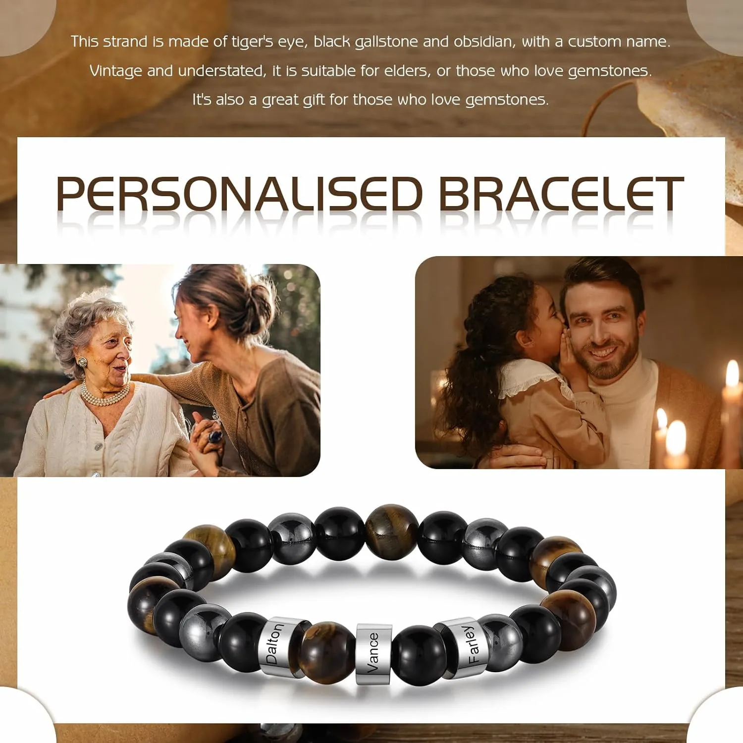Personalized Tiger Eye Bracelet for Men - Custom Names Natural Stone Beads Bracelet Adjustable Bracelets for Him Stretch Beaded Bracelet for Men Gifts for Husband Boyfriend Christmas Valentine's Day