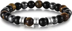 Personalized Tiger Eye Bracelet for Men - Custom Names Natural Stone Beads Bracelet Adjustable Bracelets for Him Stretch Beaded Bracelet for Men Gifts for Husband Boyfriend Christmas Valentine's Day