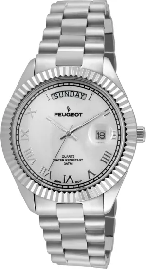 Peugeot Stainless Steel Big Face Luxury Watch with Day Date Windows, Roman Numerals & Coin Edge Fluted Bezel Watch