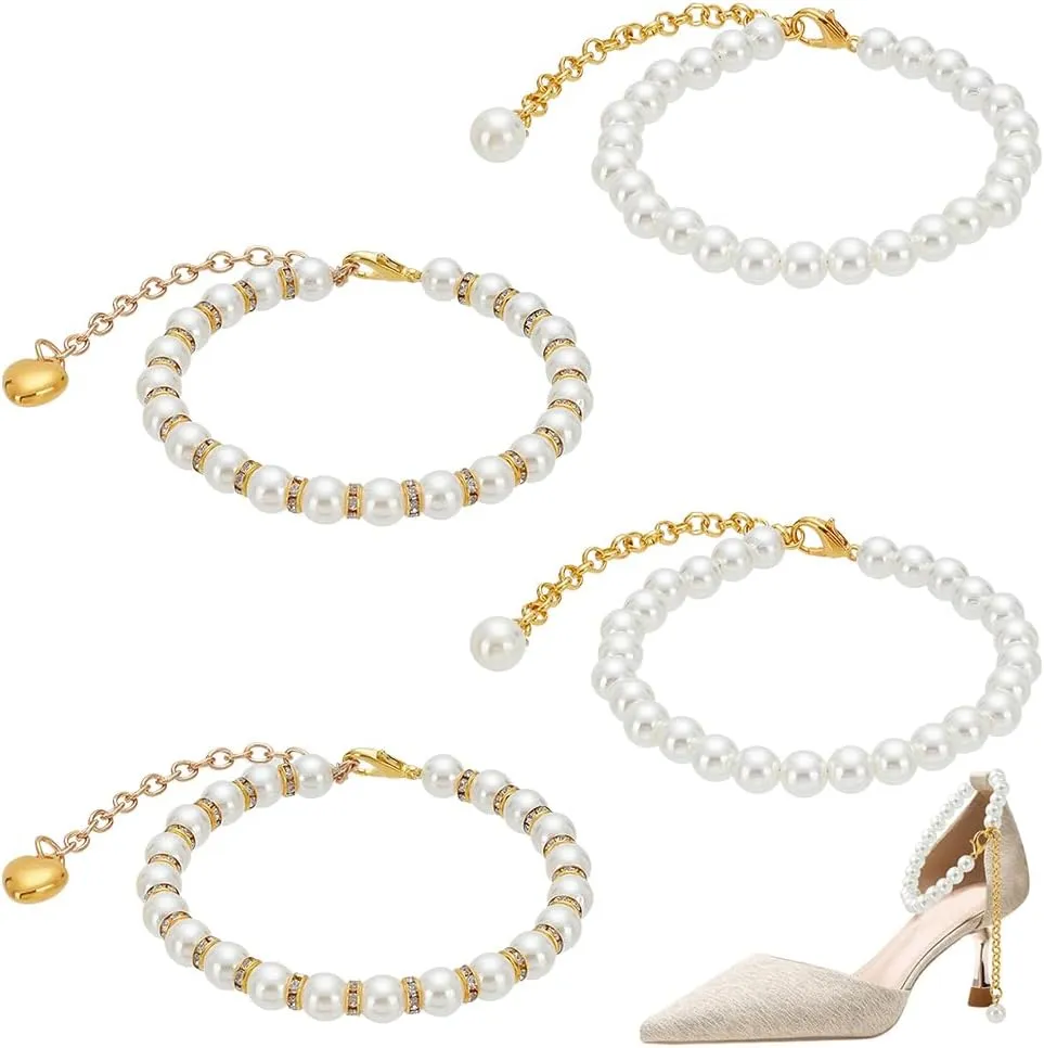 PH PandaHall 2 Pairs 2 Styles Pearl Shoe Straps, 8.6 inch Plastic Imitation Pearl Shoe Laces Beaded Anklet Decorative Straps Detachable Shoelace for Women High Heels Holding Loose Shoes, Golden