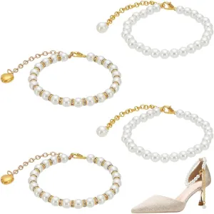 PH PandaHall 2 Pairs 2 Styles Pearl Shoe Straps, 8.6 inch Plastic Imitation Pearl Shoe Laces Beaded Anklet Decorative Straps Detachable Shoelace for Women High Heels Holding Loose Shoes, Golden