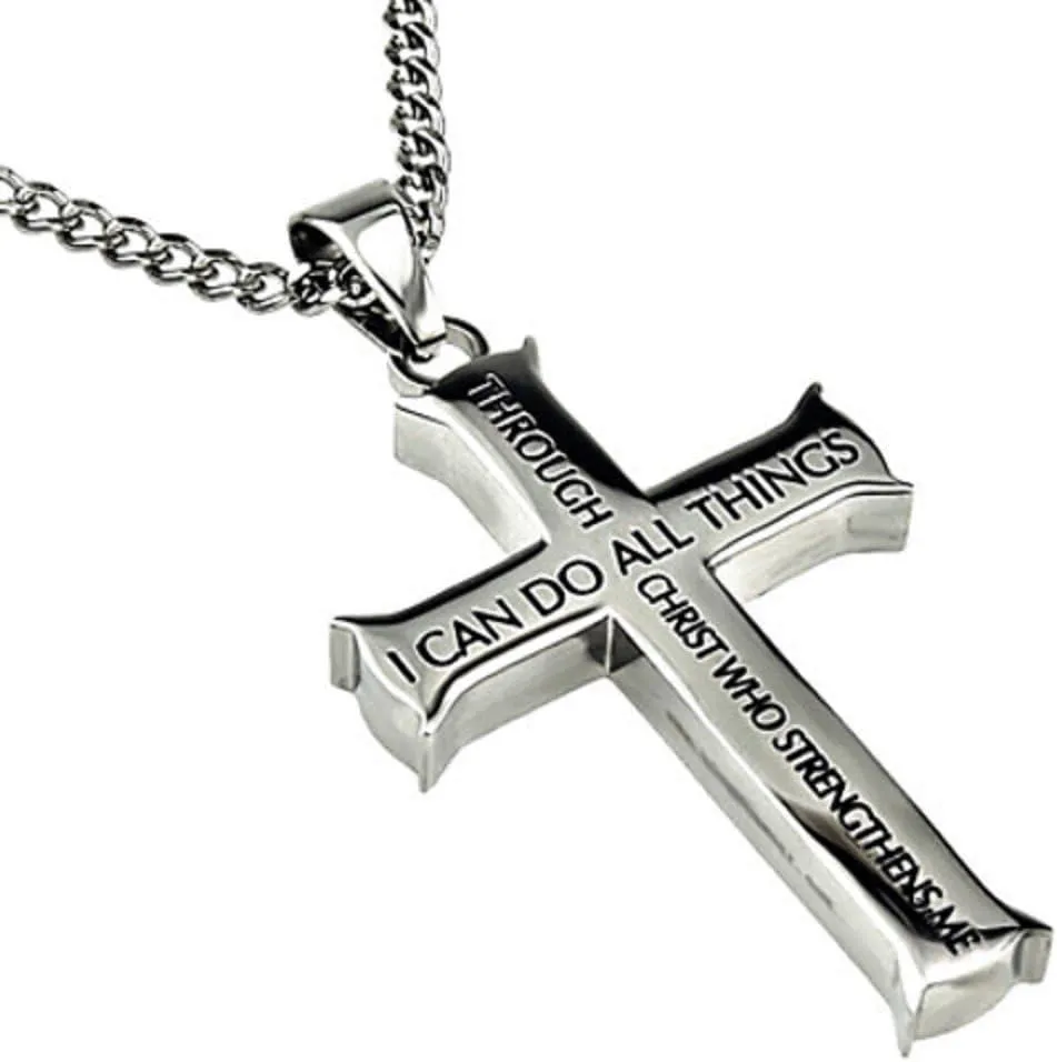 Philippians 4:13 Jewelry, Cross Necklace Strength Bible Verse, Stainless Steel with Ball Chain (20" Curb Chain)