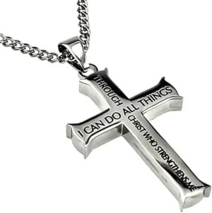 Philippians 4:13 Jewelry, Cross Necklace Strength Bible Verse, Stainless Steel with Ball Chain (20" Curb Chain)