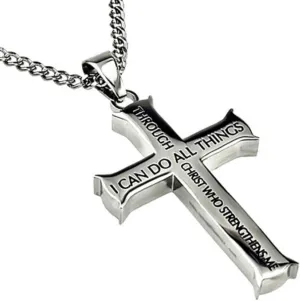 Philippians 4:13 Jewelry, Cross Necklace STRENGTH Bible Verse, Stainless Steel with Ball Chain (24" Curb Chain)