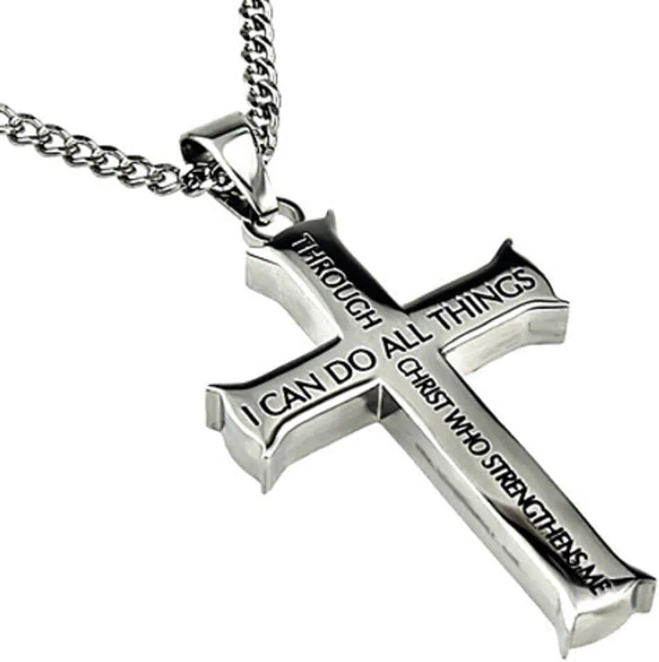 Philippians 4:13 Jewelry, Cross Necklace STRENGTH Bible Verse, Stainless Steel with Ball Chain (24" Curb Chain)