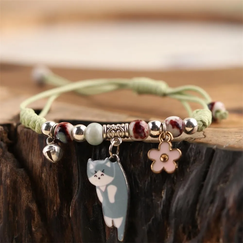 Pingyongchang Cute Kawaii Animal Cat Luck String Rope Chain Braided Bracelet for Women Cartoon Kitten Handmade Adjustable Bracelet Animals Lover Friendship Jewelry Birthday Gifts