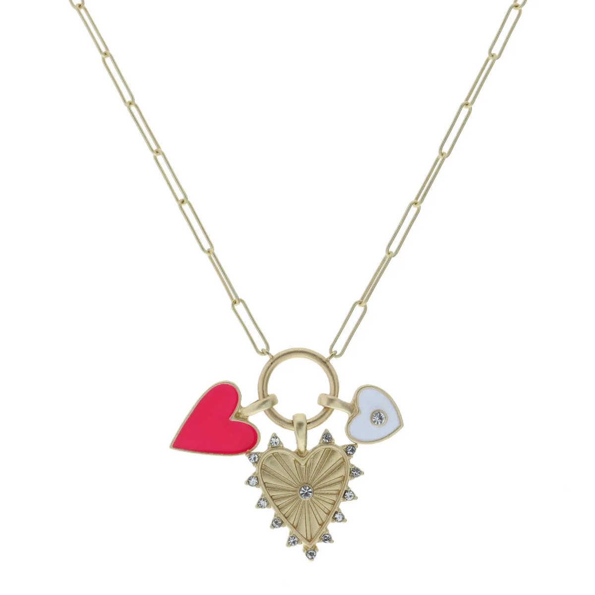 Pink Heart, Crystal Heart and Heart on Circle Necklace