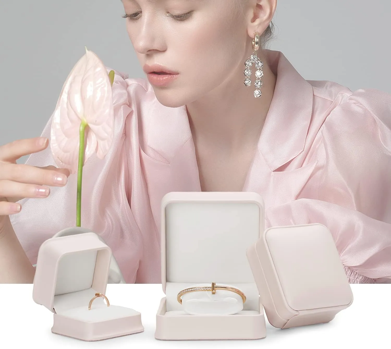 Pink PU Leather Jewelry Ring Box for Proposal Engagement Velvet Interior Jewelry Ring Gift Box