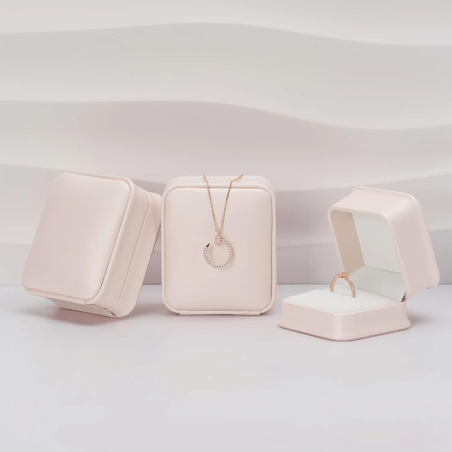 Pink PU Leather Jewelry Ring Box for Proposal Engagement Velvet Interior Jewelry Ring Gift Box