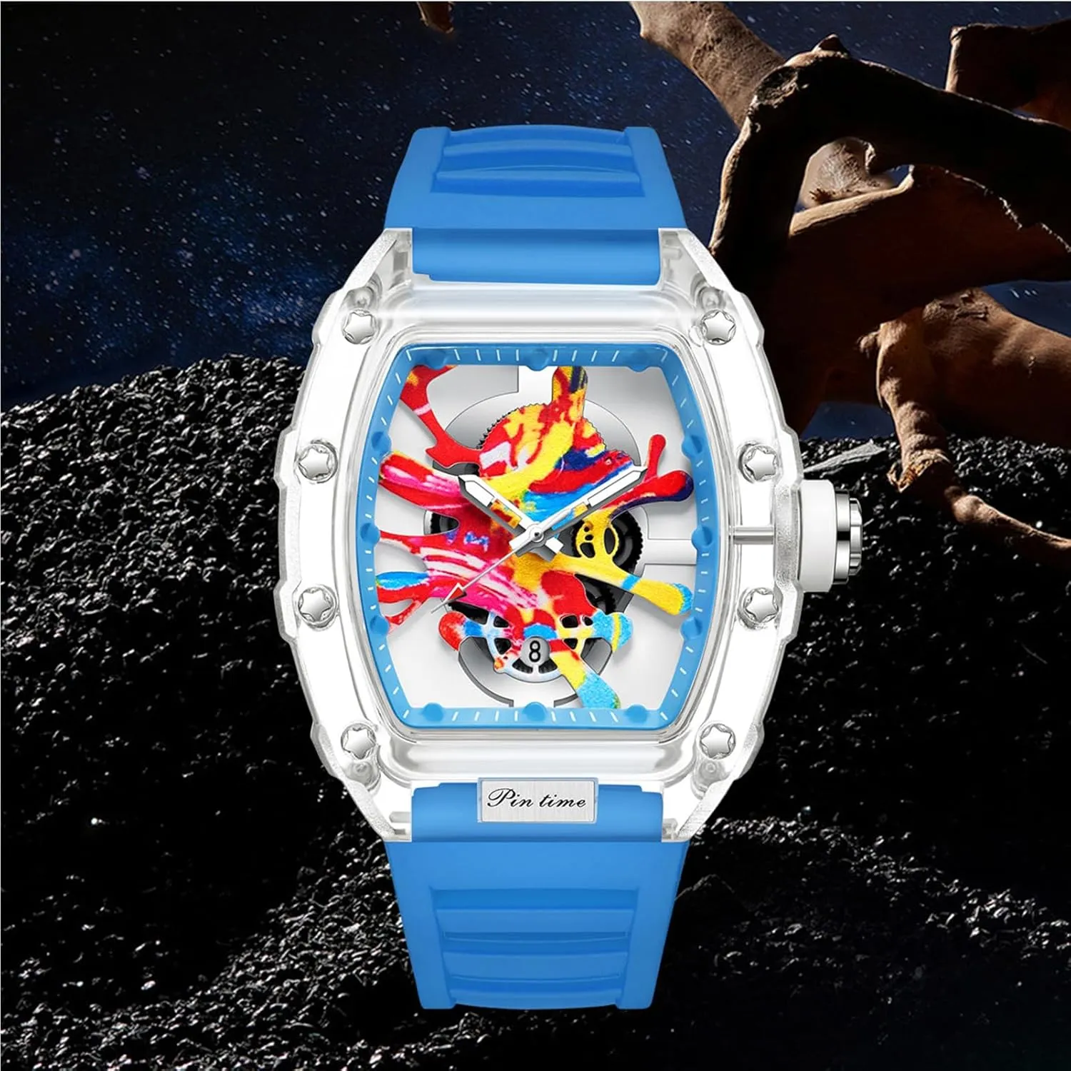 PINTIME Mens Luxury Tonneau Fashion Hallow Punk Graffiti Art Dial Hip-hop Unique Sports Wrist Watch Japanese Movement Luminous Design with Silicone Band