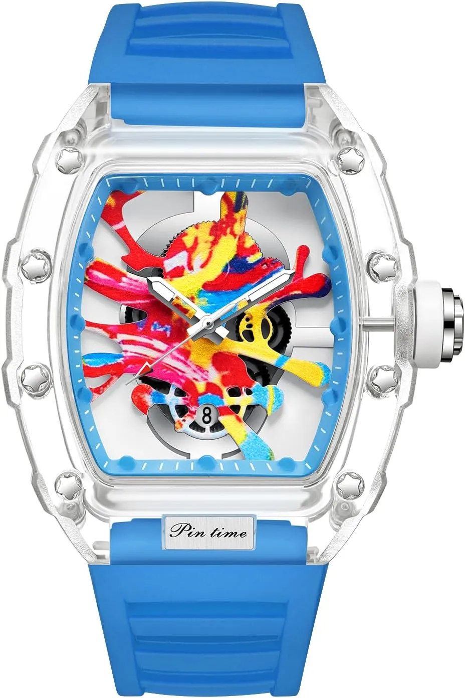 PINTIME Mens Luxury Tonneau Fashion Hallow Punk Graffiti Art Dial Hip-hop Unique Sports Wrist Watch Japanese Movement Luminous Design with Silicone Band