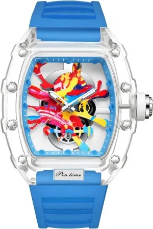 PINTIME Mens Luxury Tonneau Fashion Hallow Punk Graffiti Art Dial Hip-hop Unique Sports Wrist Watch Japanese Movement Luminous Design with Silicone Band