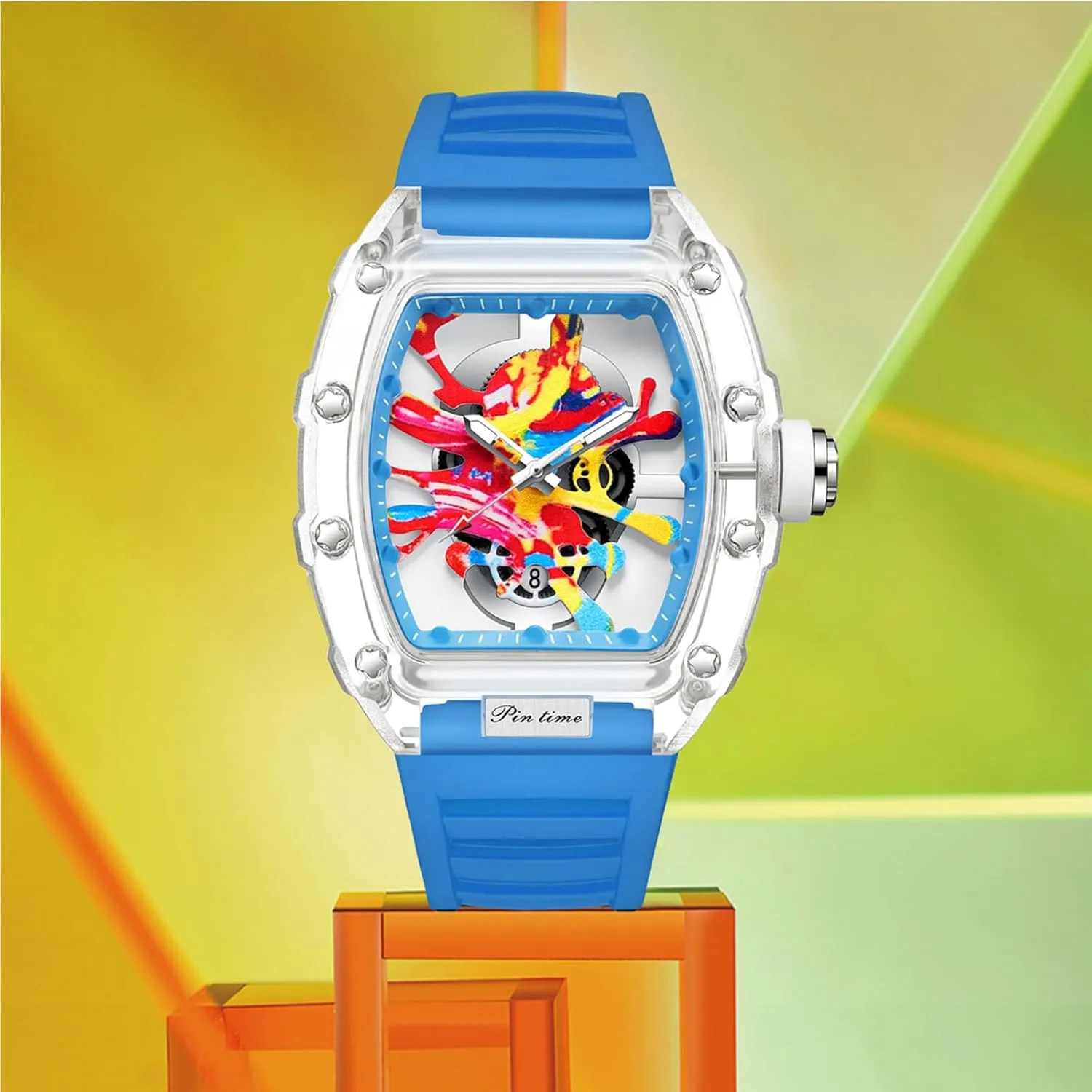 PINTIME Mens Luxury Tonneau Fashion Hallow Punk Graffiti Art Dial Hip-hop Unique Sports Wrist Watch Japanese Movement Luminous Design with Silicone Band