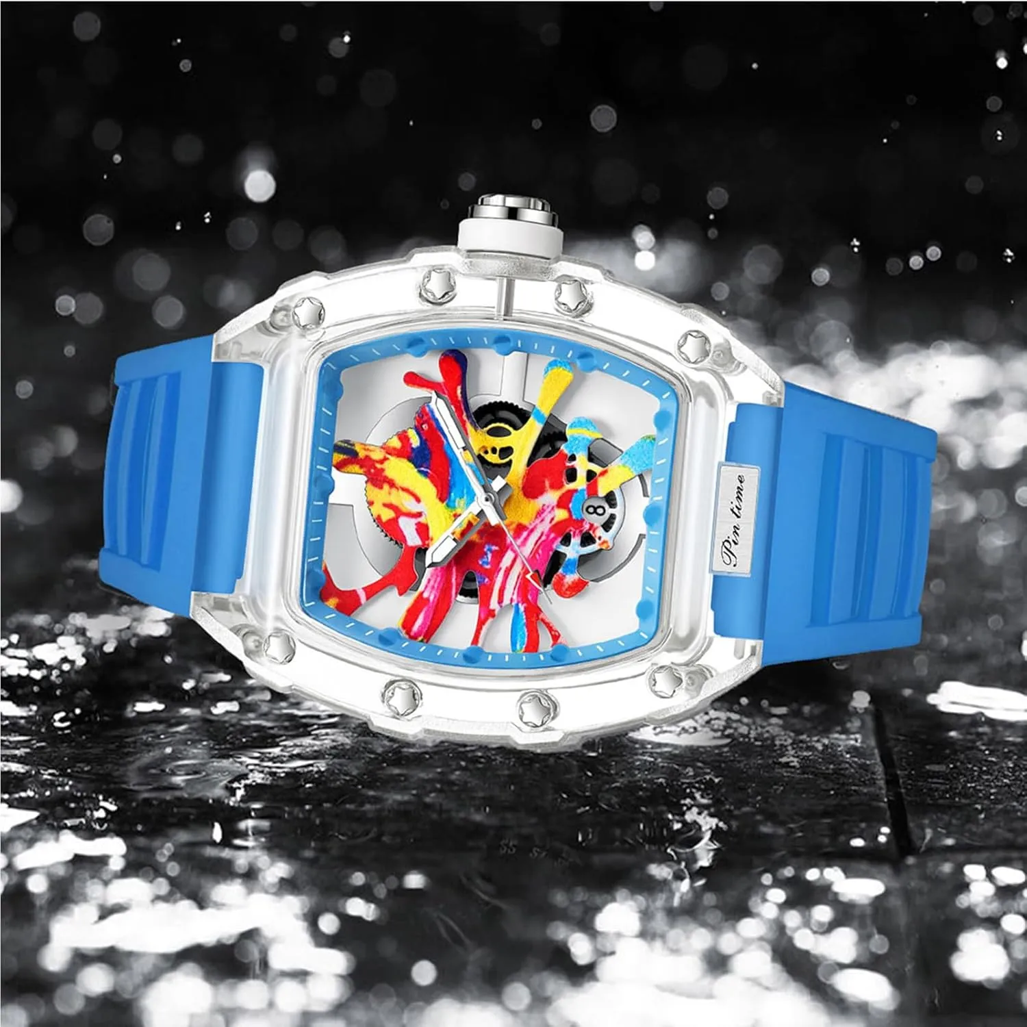 PINTIME Mens Luxury Tonneau Fashion Hallow Punk Graffiti Art Dial Hip-hop Unique Sports Wrist Watch Japanese Movement Luminous Design with Silicone Band