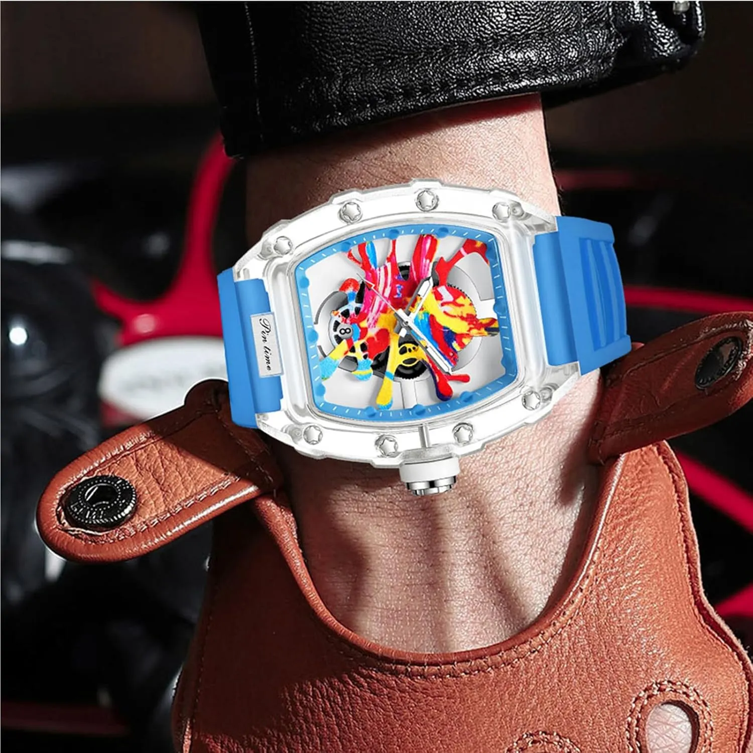 PINTIME Mens Luxury Tonneau Fashion Hallow Punk Graffiti Art Dial Hip-hop Unique Sports Wrist Watch Japanese Movement Luminous Design with Silicone Band