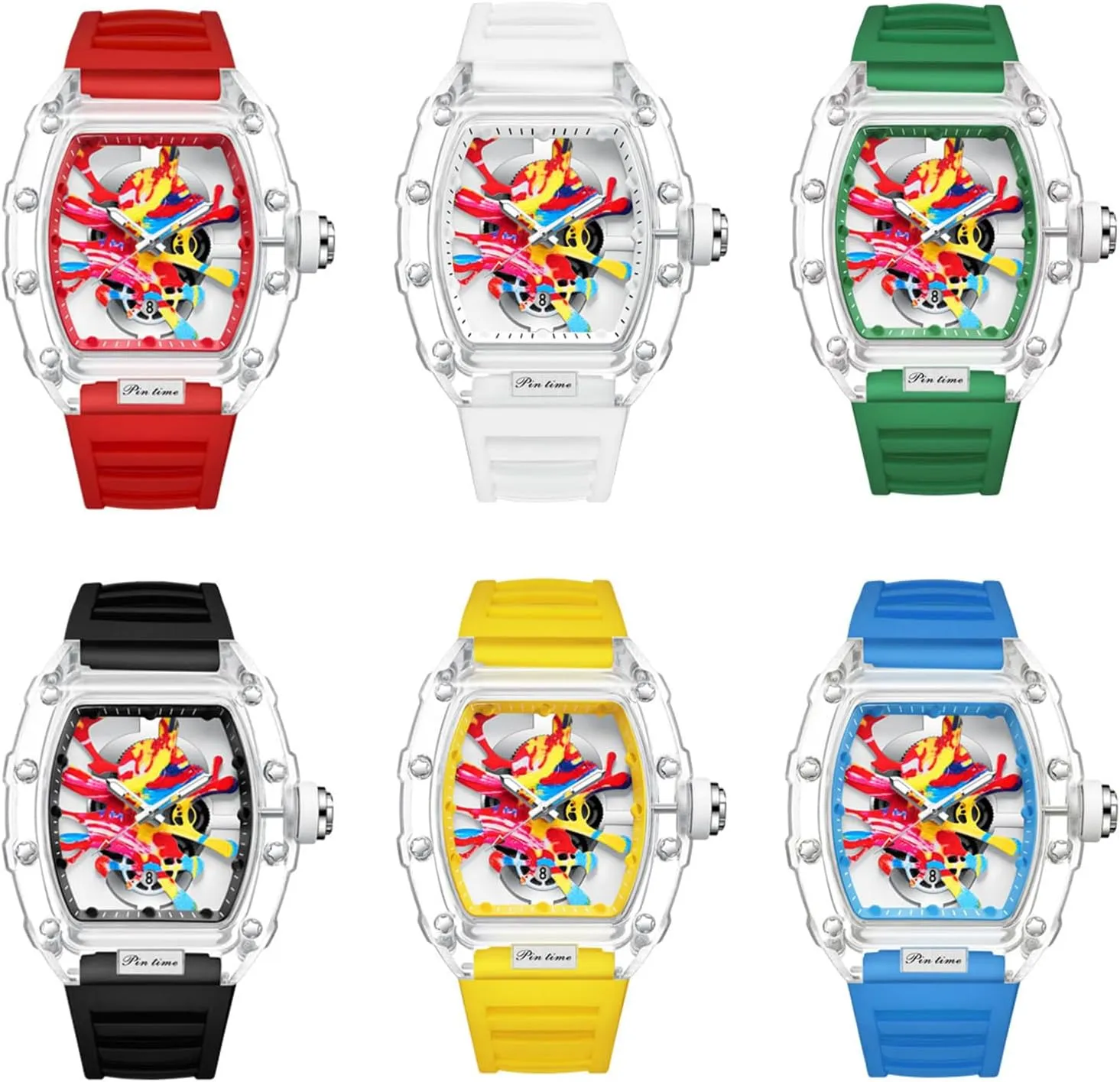 PINTIME Mens Luxury Tonneau Fashion Hallow Punk Graffiti Art Dial Hip-hop Unique Sports Wrist Watch Japanese Movement Luminous Design with Silicone Band