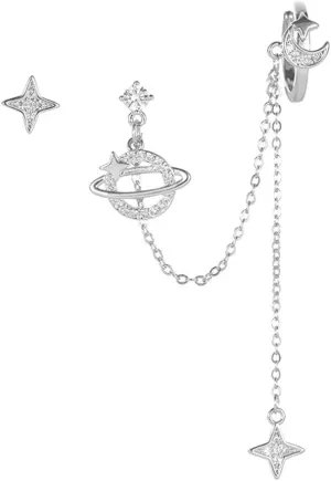 Planet CZ Moon Star Ear Cuff Wrap Clip On Crawler Climber Hoop 925 Sterling Silver Post Stud Chain Threader Tassel Asymmetric Earrings for Women Cute Hypoallergenic Gifts Daughter Bff Christmas