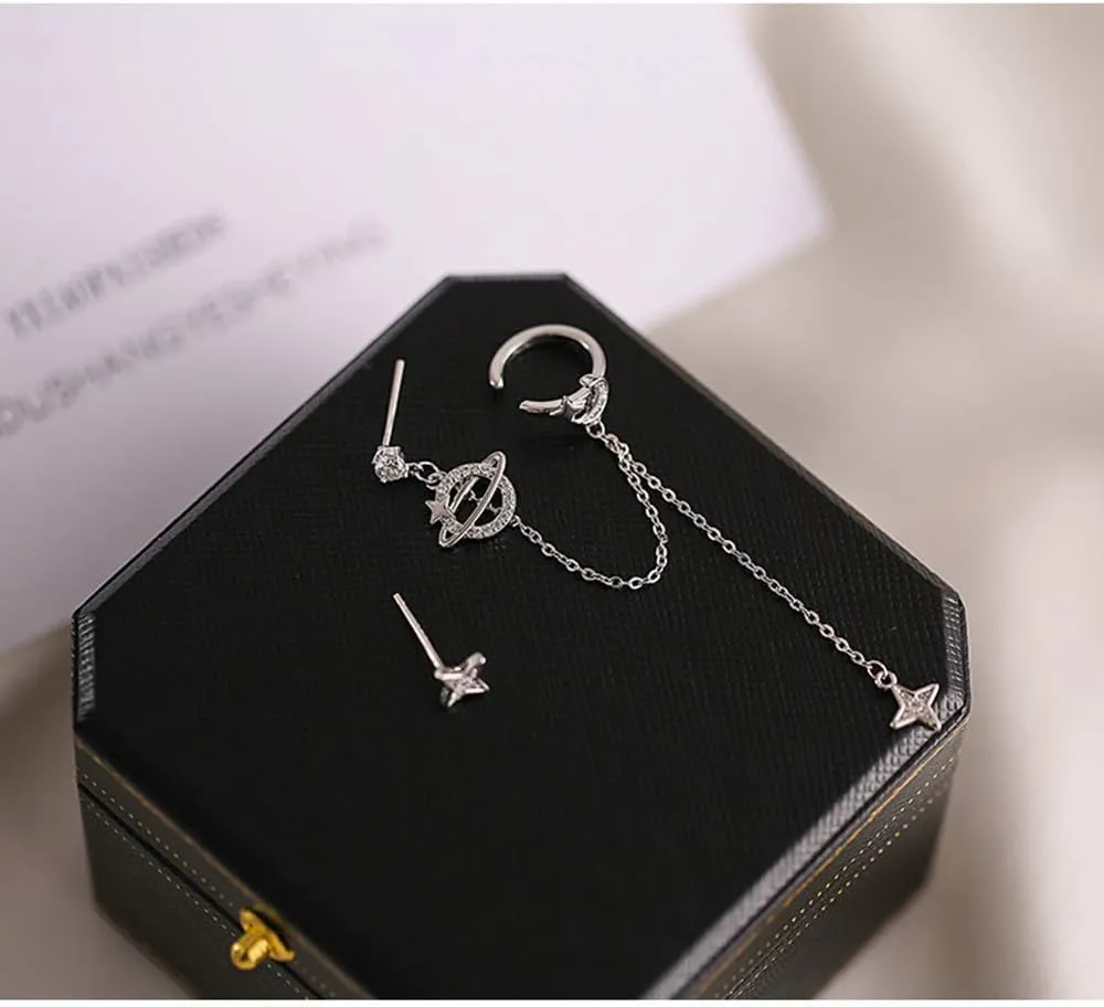 Planet CZ Moon Star Ear Cuff Wrap Clip On Crawler Climber Hoop 925 Sterling Silver Post Stud Chain Threader Tassel Asymmetric Earrings for Women Cute Hypoallergenic Gifts Daughter Bff Christmas