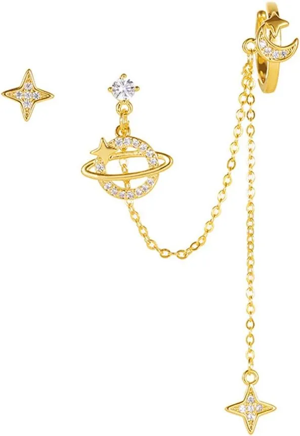 Planet CZ Moon Star Ear Cuff Wrap Clip On Crawler Climber Hoop 925 Sterling Silver Post Stud Chain Threader Tassel Asymmetric Earrings for Women Cute Hypoallergenic Gifts Daughter Bff Christmas