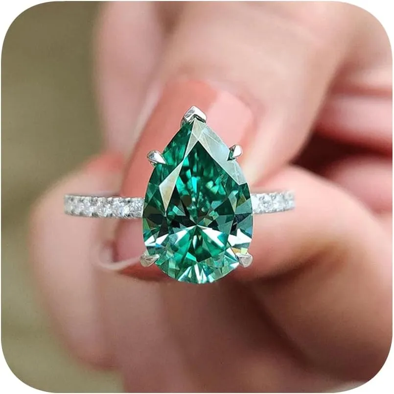Platinum Plated Pear Cut Simulated Emerald Rings for Women 925 Silver Cubic Zirconia CZ Halo Engagement Ring,Teardrop Eternal Bride Wedding Band Jewelry Gift Solitaire Ring for Women's 6#