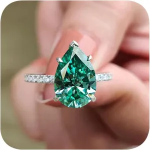 Platinum Plated Pear Cut Simulated Emerald Rings for Women 925 Silver Cubic Zirconia CZ Halo Engagement Ring,Teardrop Eternal Bride Wedding Band Jewelry Gift Solitaire Ring for Women's 6#