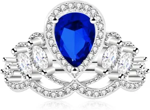 Platinum Plated Retro Teardrop Shaped Cubic Zirconia Princess Crown Rings for Women Suitable for Party Birthdays or Engagement YA4666