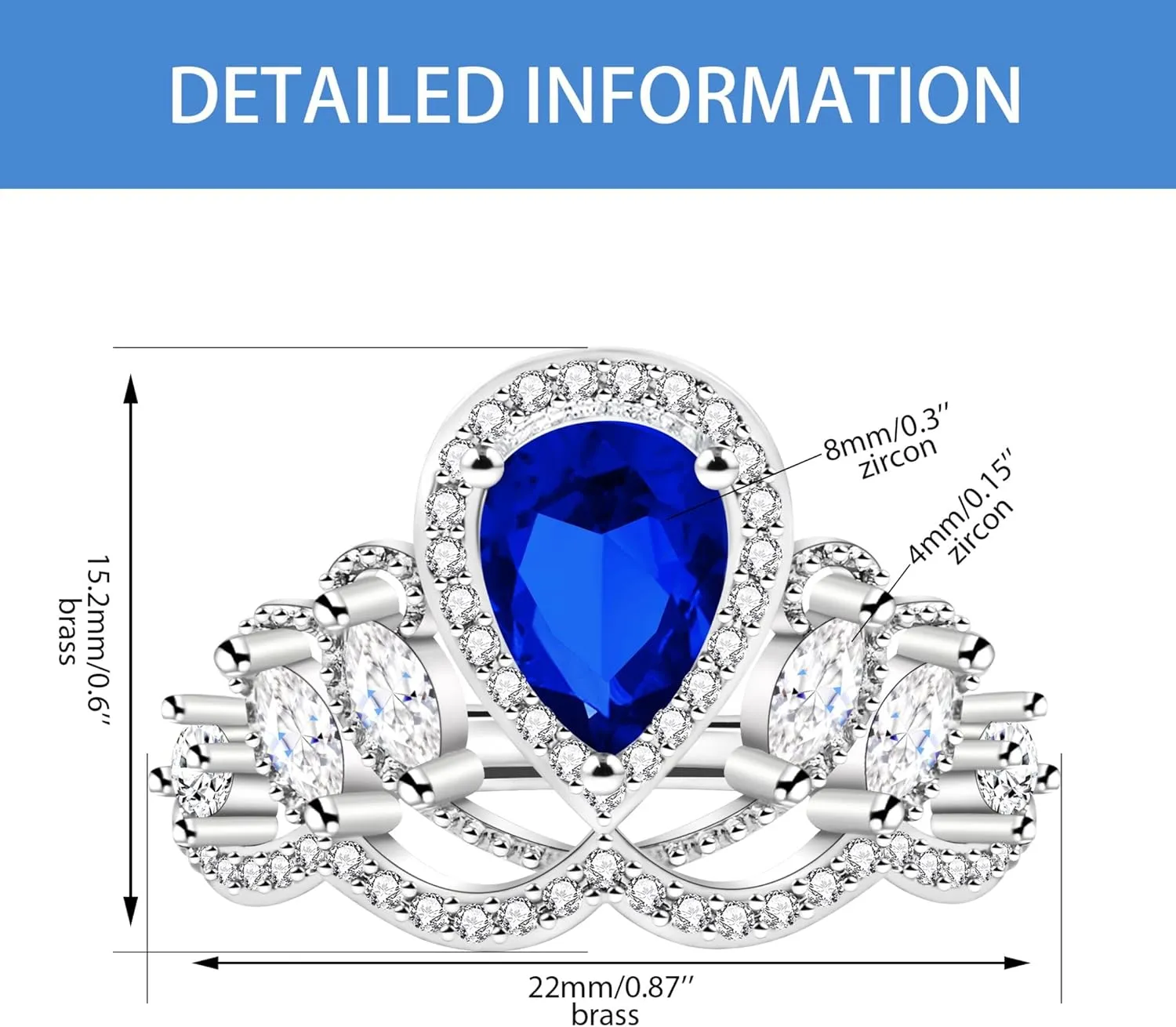 Platinum Plated Retro Teardrop Shaped Cubic Zirconia Princess Crown Rings for Women Suitable for Party Birthdays or Engagement YA4666