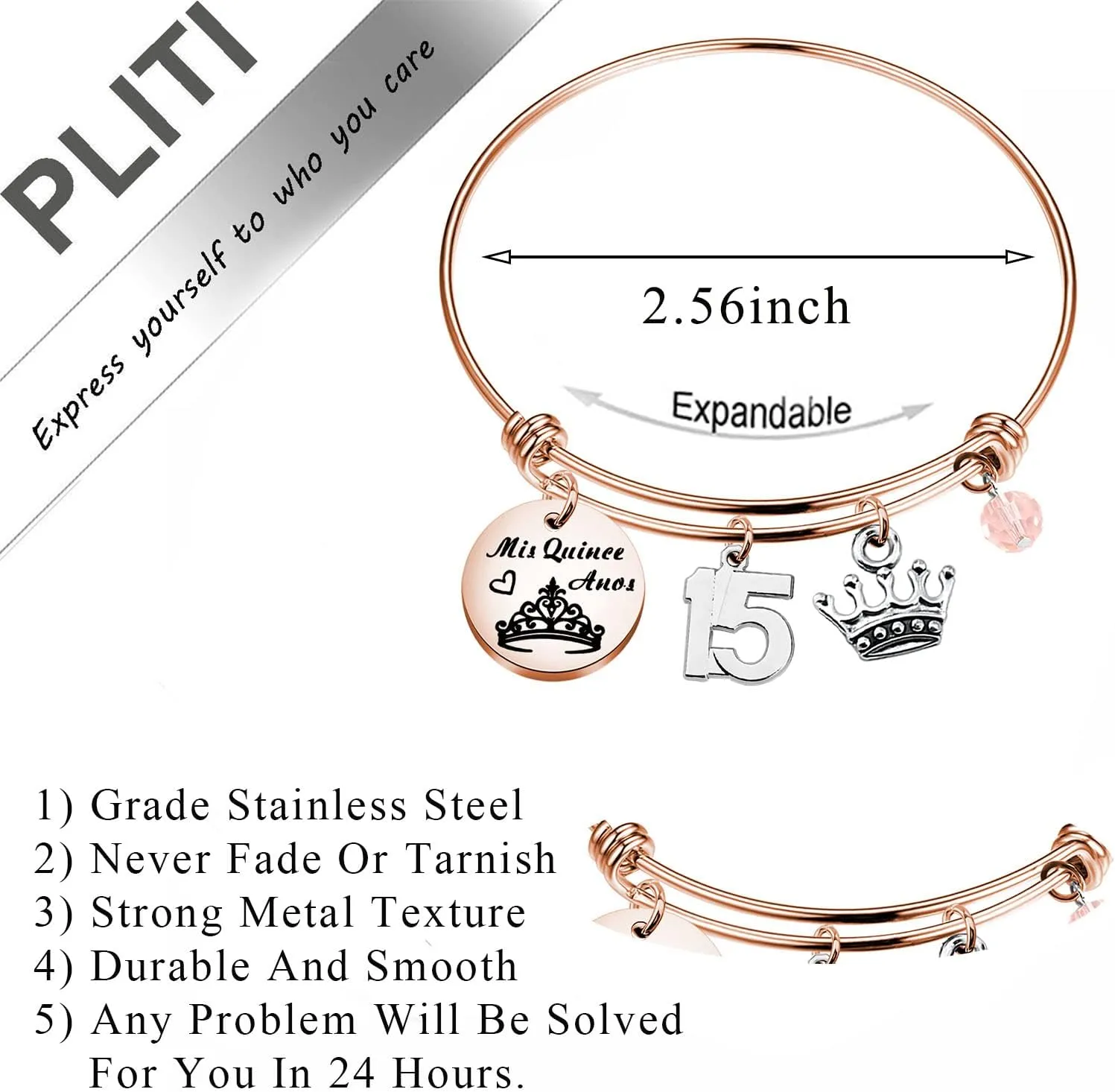 PLITI Quinceanera Bracelet - Sweet 15 Expandable Wire Bangle for Girls - Quince Anos Party Fiesta Gift - Madrina Gifts