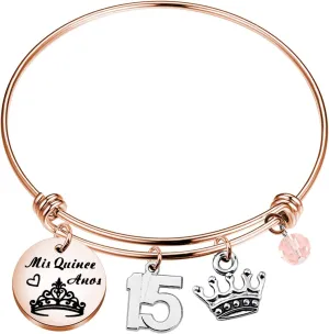 PLITI Quinceanera Bracelet - Sweet 15 Expandable Wire Bangle for Girls - Quince Anos Party Fiesta Gift - Madrina Gifts