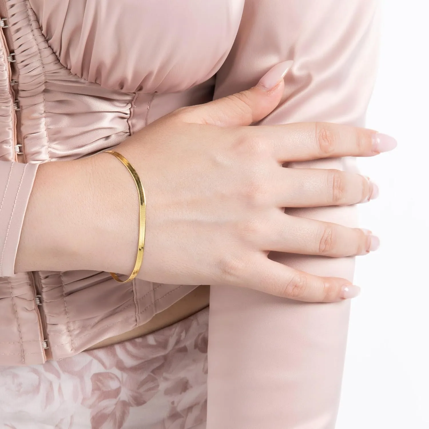 PORI JEWELERS 18K Gold Over 925 Sterling Silver Italian 3MM Magic Herringbone Dainty Chain Bracelet For Women - Available in size 7 7.5 or 8 inches