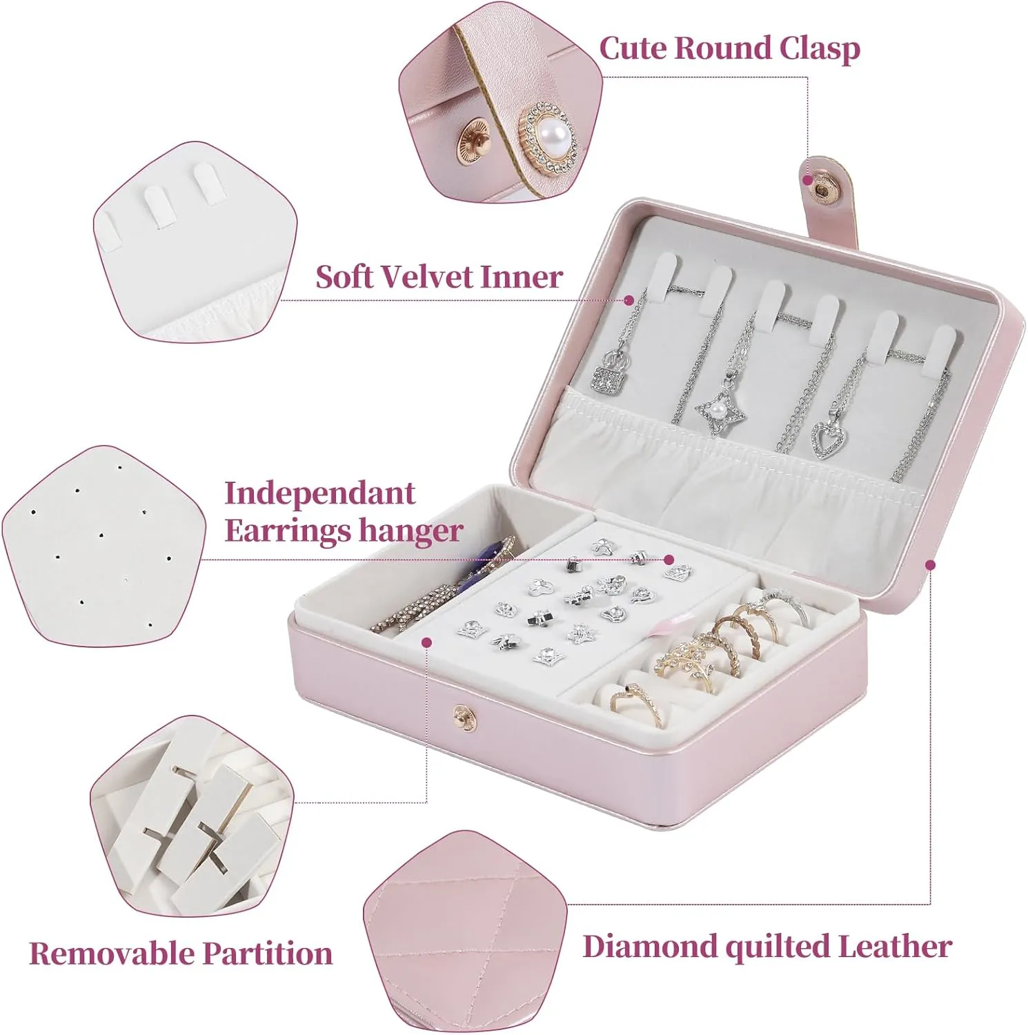 Portable Jewelry Box, 2 Layer Small Travel Jewelry Box for Women and Girls, Mini Leather Jewelry Organizer for Necklaces, Bracelet, Earrings and Rings Gift for Her (rose gold)