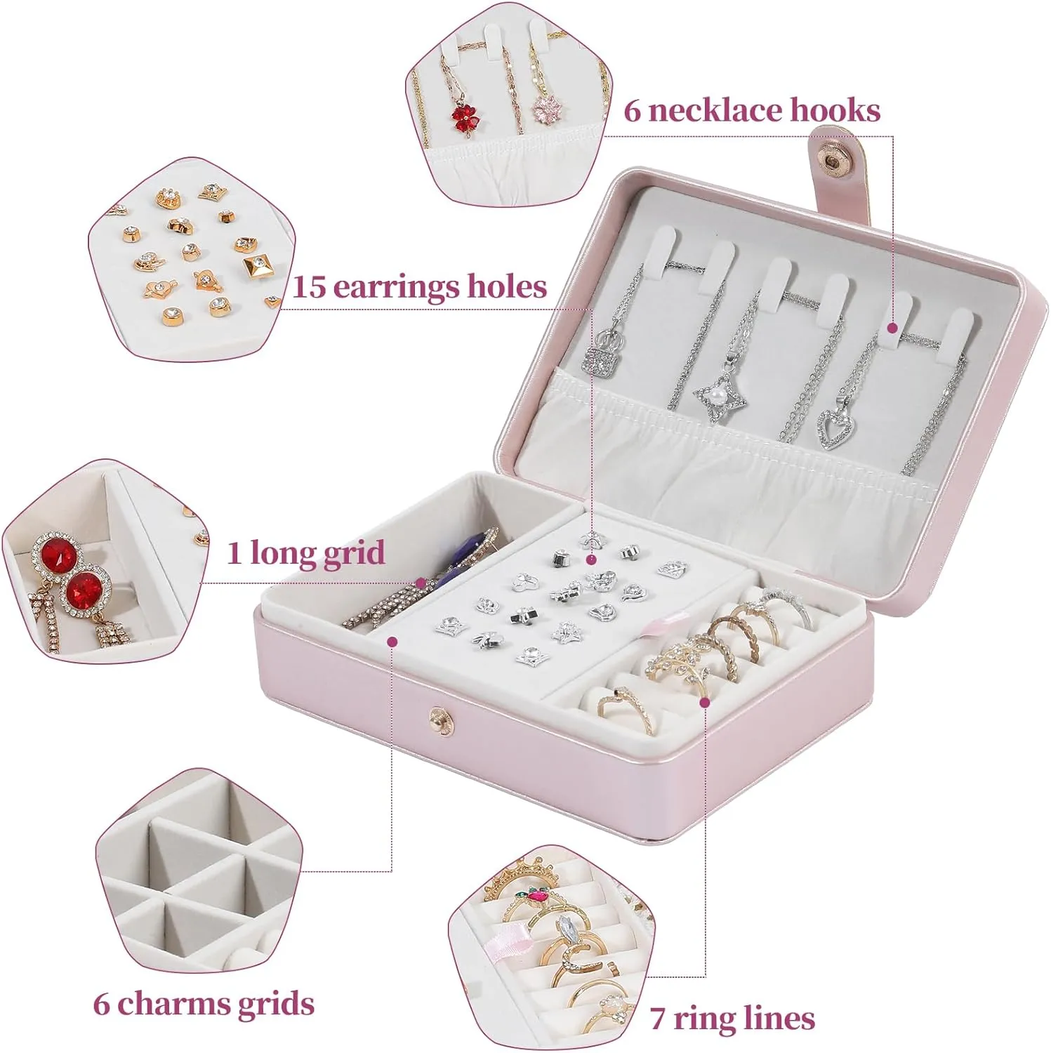 Portable Jewelry Box, 2 Layer Small Travel Jewelry Box for Women and Girls, Mini Leather Jewelry Organizer for Necklaces, Bracelet, Earrings and Rings Gift for Her (rose gold)